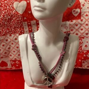 Aeropostale Pink and Silver Tone Peace Charm Necklace